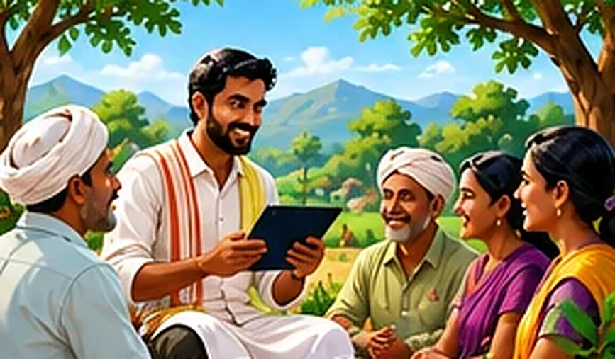 टॅबलेटवर माहिती पाहणारा शेतकरी समुदाय